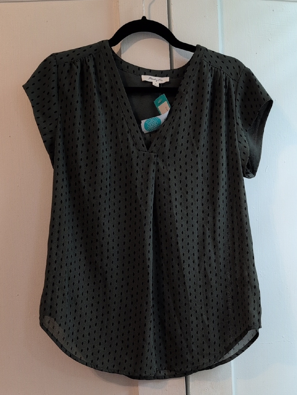 Woven Eyelet V-Neck Short Sleeve Blouse - Olive